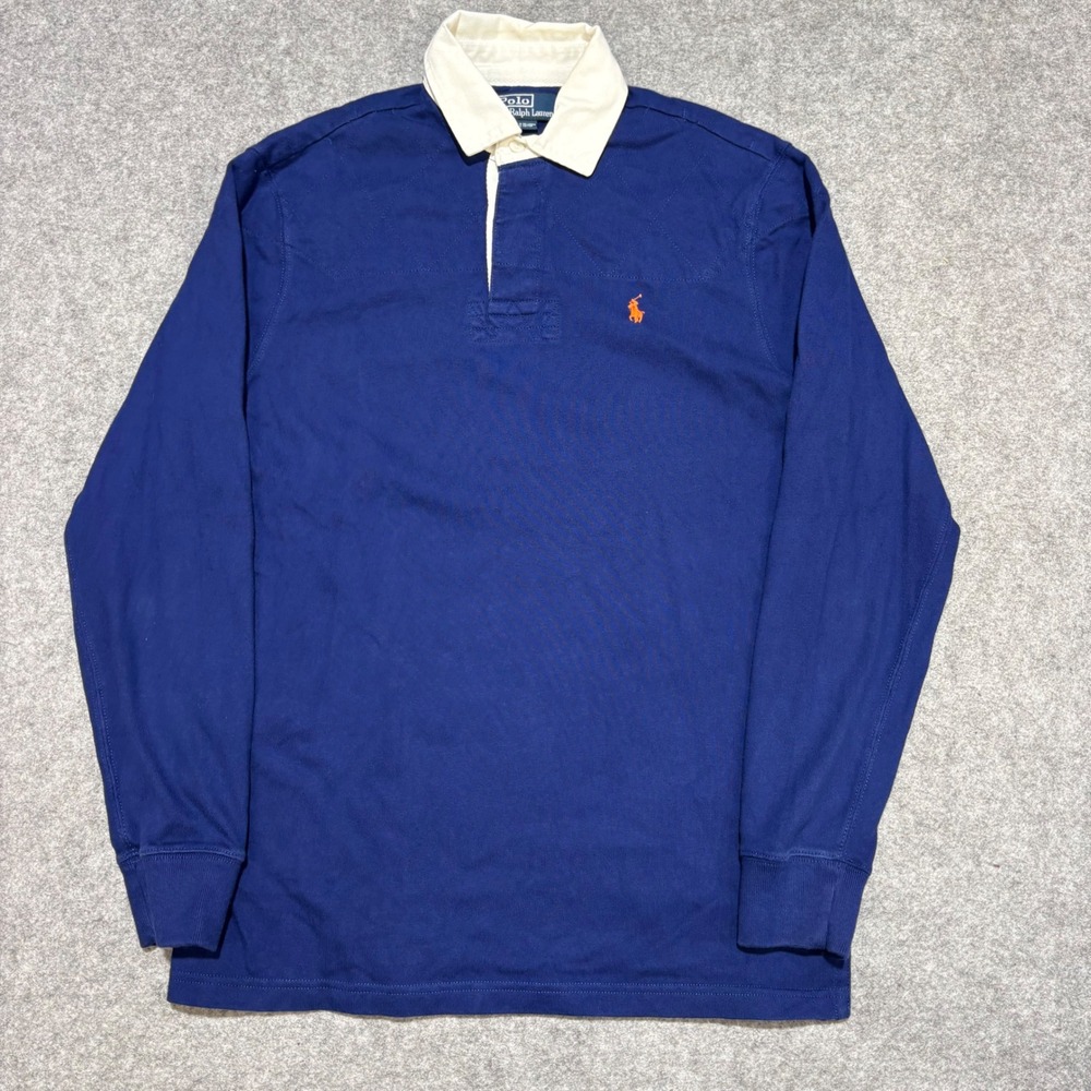 Polo Ralph Lauren Mens Rugby Shirt Small Blue Long Sleeve Orange Pony Logo